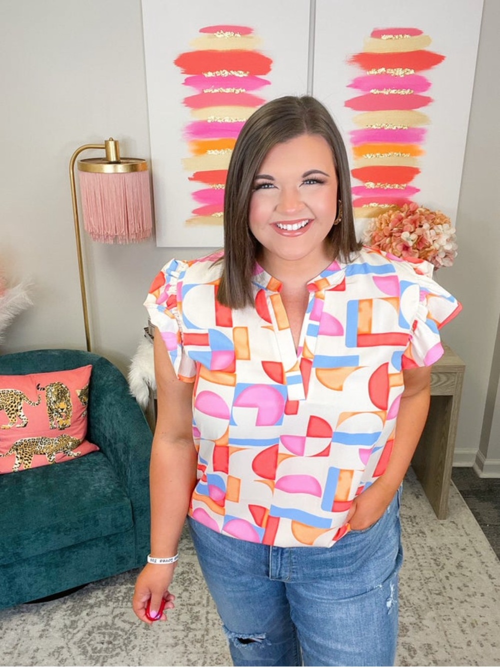 entro Multicolor Geometric Puff-Sleeve Blouse